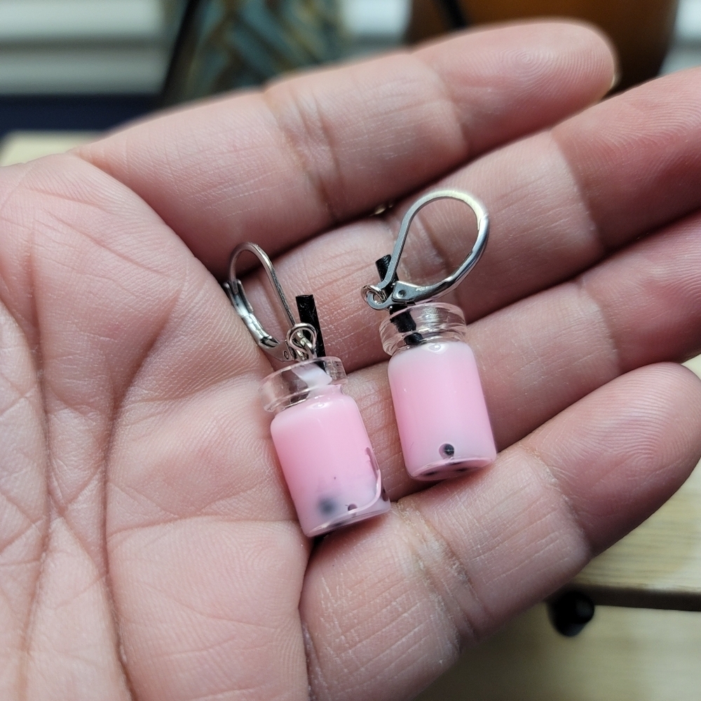 Handcrafted Mini Bubble Tea Dangle Earrings Pink Boba Milk Tea Jar Straw